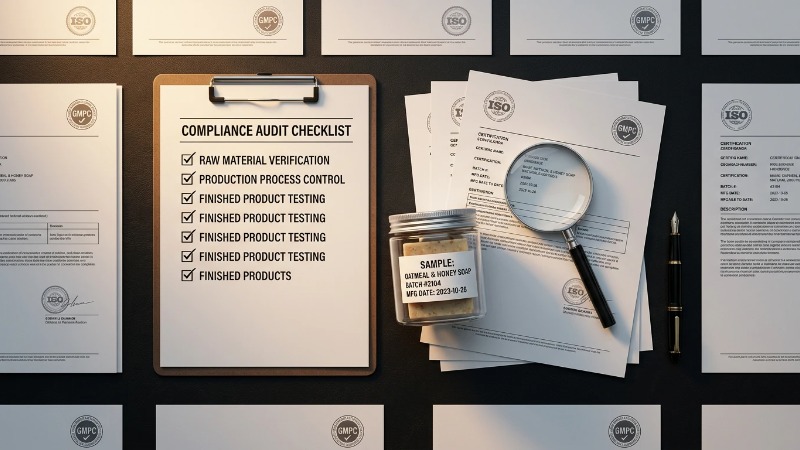 Overhead flat lay of certification documents and soap sample