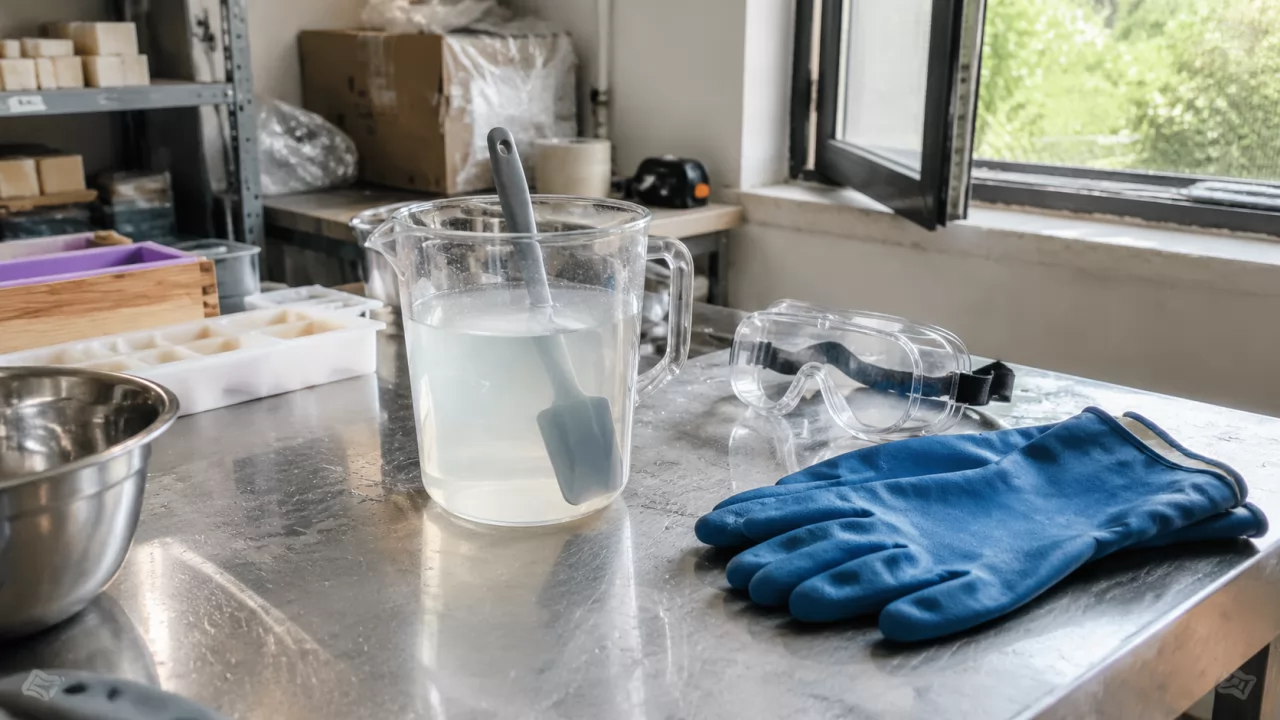 Laugenlösung im Krug neben Schutzbrille und Handschuhen am Arbeitstisch