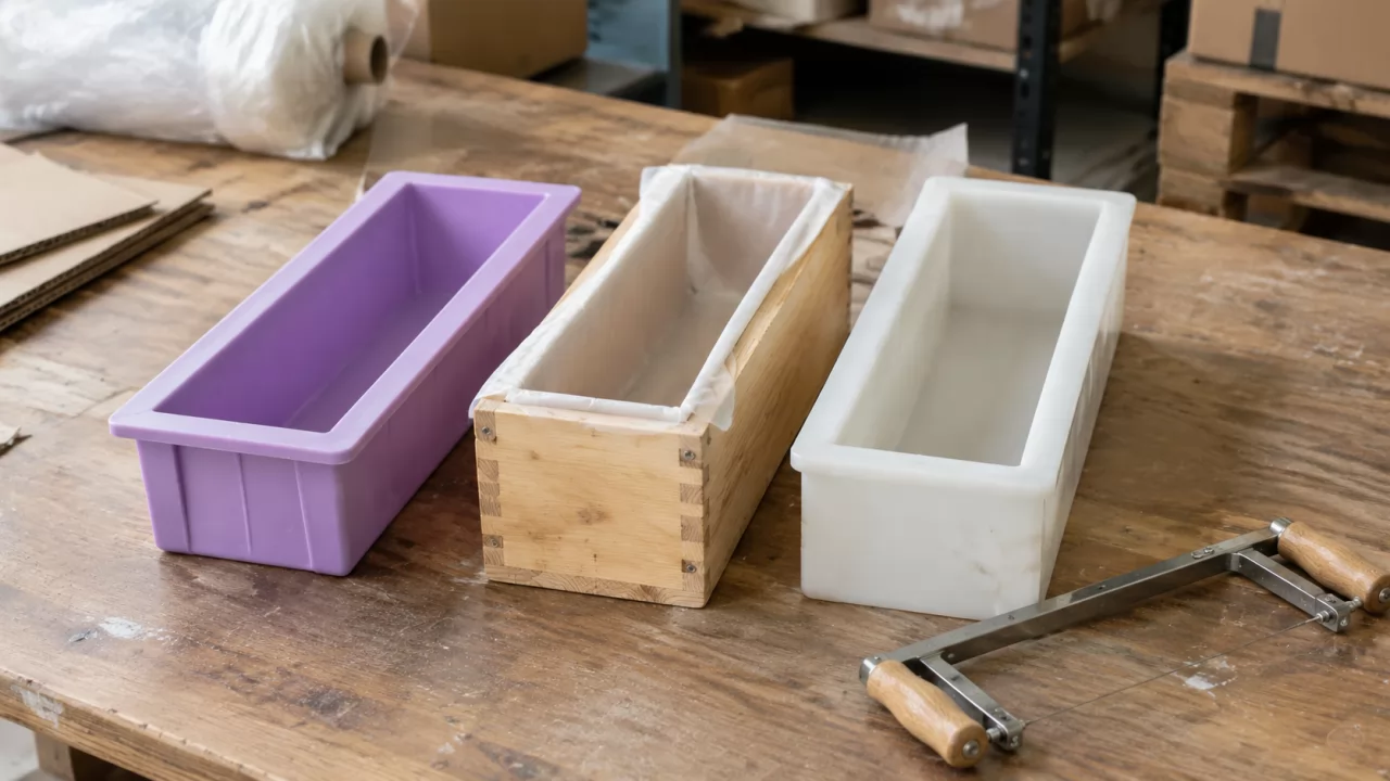 Silicone, wood-lined and rigid plastic soap loaf molds side by side