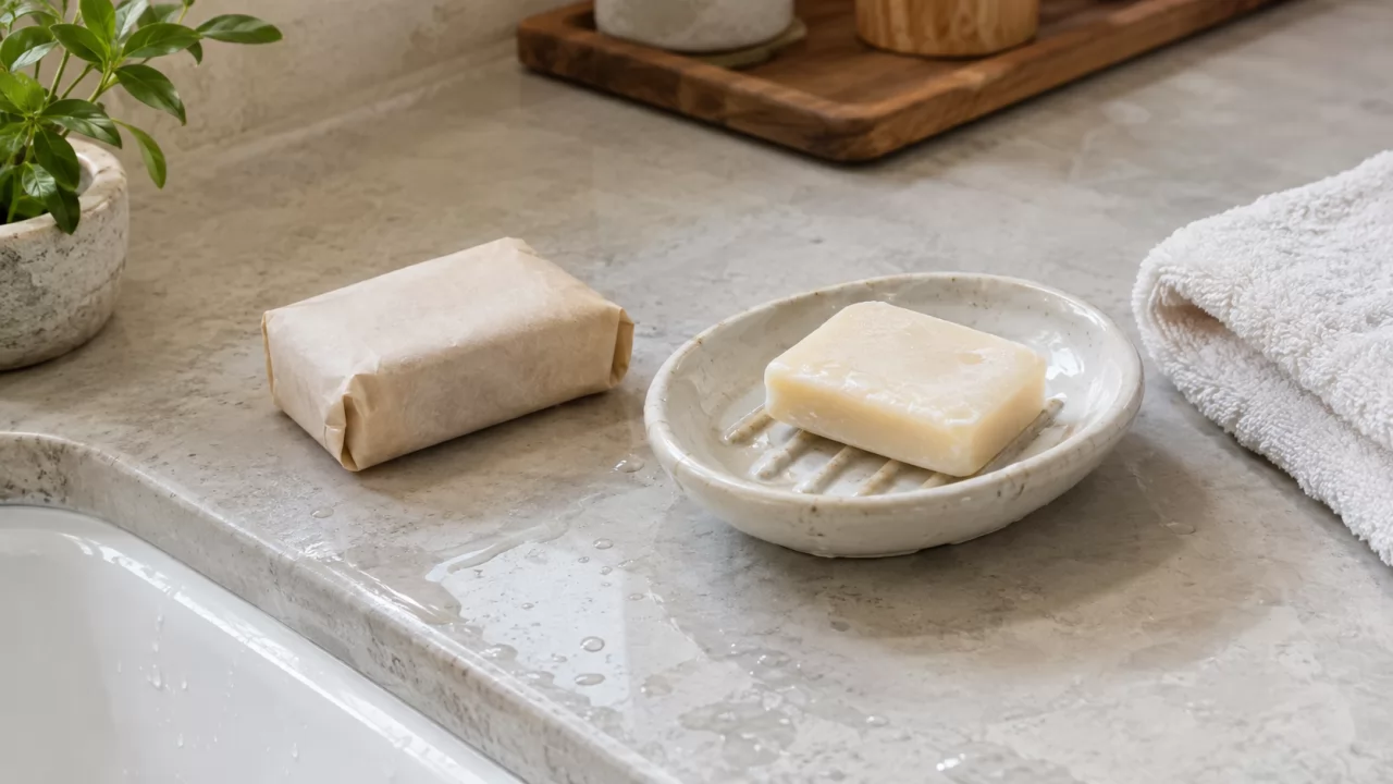 product-1280-720 Savon emballé et savon dans un porte-savon drainant dans une salle de bain de spa
